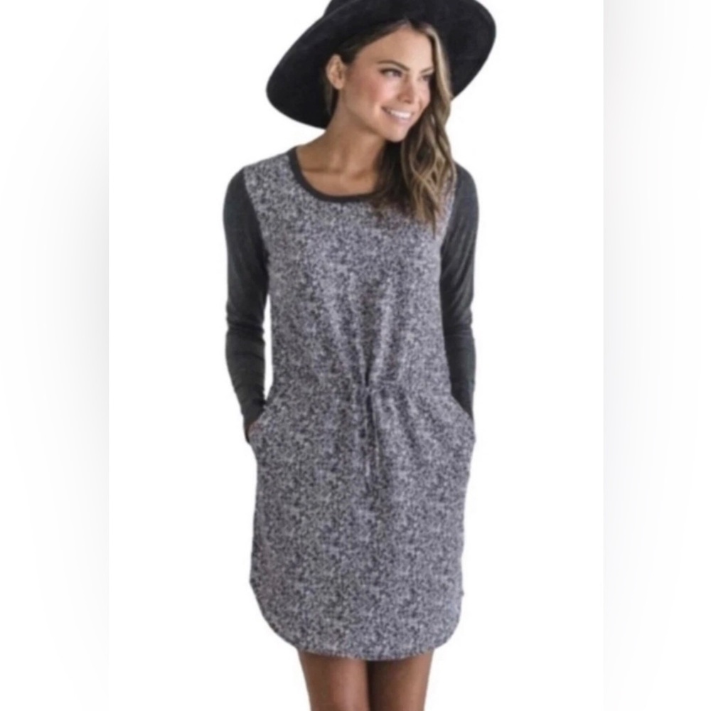 Lou & Grey Mixed Media Dress Tunic Size S Long Sleeves Gray Print Pockets LOFT